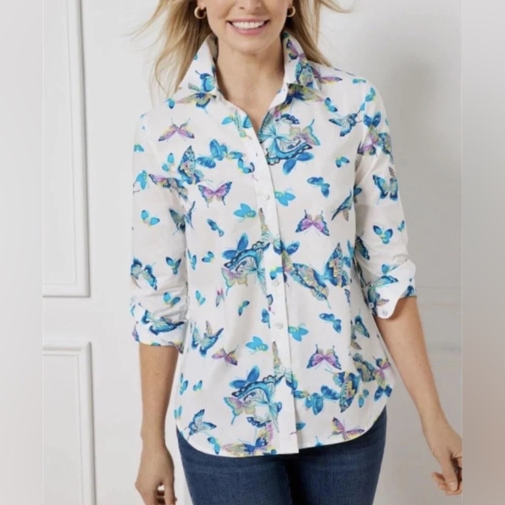NEW!!!Talbots White and Blue Butterfly Print Button Down Shirt